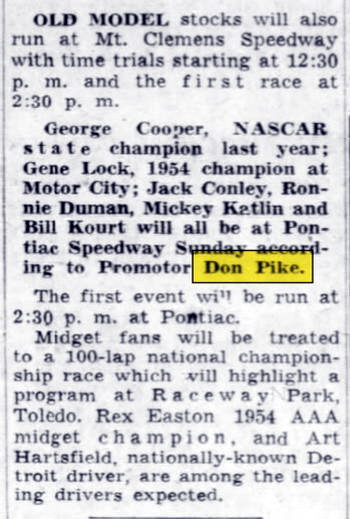 Don Pike Speedway (Pontiac Speedway) - May 1955 Article About Don Pike (newer photo)
